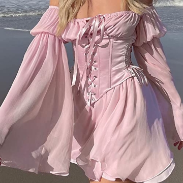 XIWUKOD Pink Corset Dress Flowy Chiffon Off-Shoulder Mini