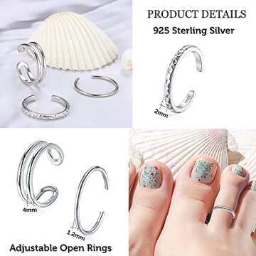 PATISORNA 925 Sterling Silver Open Toe Rings for Women - Adjustable Minimalistic Jewelry Set