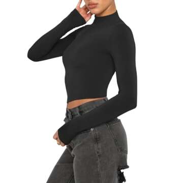 REORIA Women's Cute Basic Mock Turtleneck Long Sleeve Ribbed Tight Tshirts Crop Tops Turtle Necks Black Medium