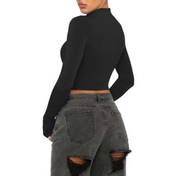 REORIA Women's Cute Basic Mock Turtleneck Long Sleeve Ribbed Tight Tshirts Crop Tops Turtle Necks Black Medium