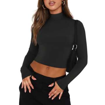 REORIA Women's Cute Basic Mock Turtleneck Long Sleeve Ribbed Tight Tshirts Crop Tops Turtle Necks Black Medium