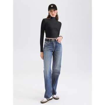 REORIA Women's Cute Basic Mock Turtleneck Long Sleeve Ribbed Tight Tshirts Crop Tops Turtle Necks Black Medium