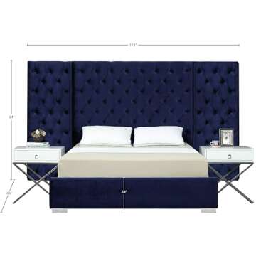Meridian Furniture Grande Collection Modern | Contemporary Velvet Upholstered Bed with Luxurious Deep Button Tufting and Stainless Steel Legs in Polished Chrome Finish, Navy, Queen