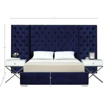 Meridian Furniture Grande Collection Modern | Contemporary Velvet Upholstered Bed with Luxurious Deep Button Tufting and Stainless Steel Legs in Polished Chrome Finish, Navy, Queen