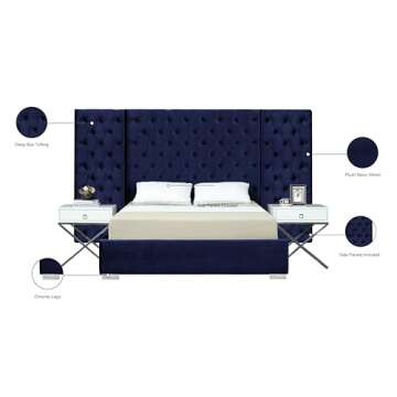 Meridian Furniture Grande Collection Modern | Contemporary Velvet Upholstered Bed with Luxurious Deep Button Tufting and Stainless Steel Legs in Polished Chrome Finish, Navy, Queen