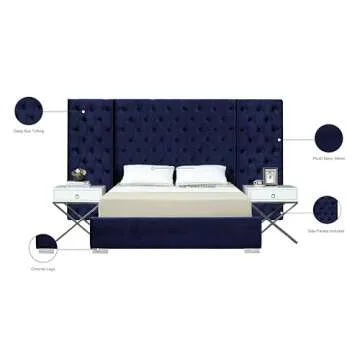 Meridian Furniture Grande Collection Modern | Contemporary Velvet Upholstered Bed with Luxurious Deep Button Tufting and Stainless Steel Legs in Polished Chrome Finish, Navy, Queen