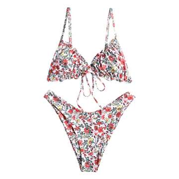 ZAFUL Women's Ditsy Floral Printed Swimsuit Knotted String Triangle Bikini Cheeky Bikini Set Khaki&Red S