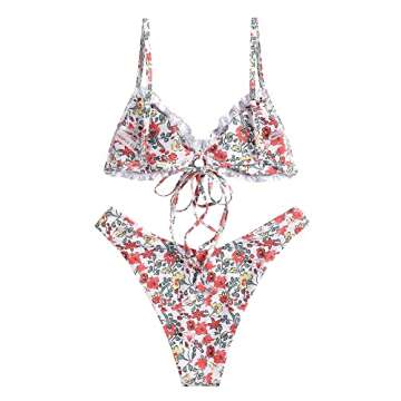 ZAFUL Women's Ditsy Floral Printed Swimsuit Knotted String Triangle Bikini Cheeky Bikini Set Khaki&Red S