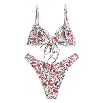 ZAFUL Women's Ditsy Floral Printed Swimsuit Knotted String Triangle Bikini Cheeky Bikini Set Khaki&Red S