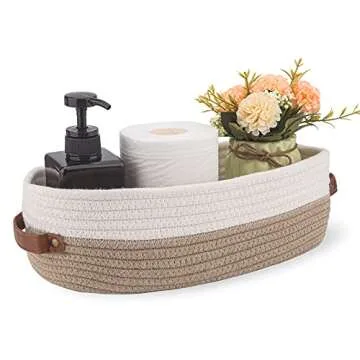 Oradrem Cotton Rope Bathroom Decor Basket,Toilet Paper Holder Basket,Farmhouse Home Decor Organizing Baskets 13"x5.9"x4" Brown Stitching White