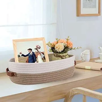 Oradrem Cotton Rope Bathroom Decor Basket,Toilet Paper Holder Basket,Farmhouse Home Decor Organizing Baskets 13"x5.9"x4" Brown Stitching White