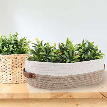 Oradrem Cotton Rope Bathroom Decor Basket,Toilet Paper Holder Basket,Farmhouse Home Decor Organizing Baskets 13"x5.9"x4" Brown Stitching White