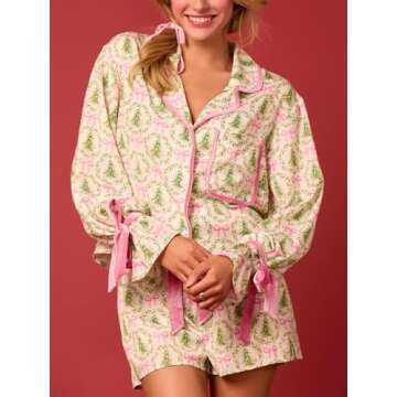 Alyweatry Women Christmas 2 Piece Pajama Set Cute Print Long Sleeve Button Down Shirt Elastic Shorts...