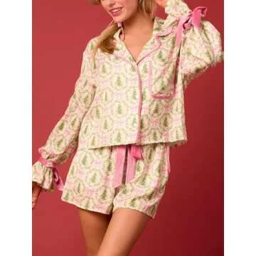 Alyweatry Women Christmas 2 Piece Pajama Set Cute Print Long Sleeve Button Down Shirt Elastic Shorts Holiday Sleepwear (Xmas Tree Print, S)