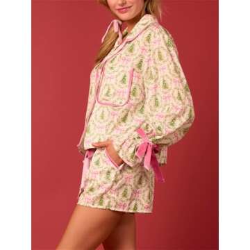 Alyweatry Women Christmas 2 Piece Pajama Set Cute Print Long Sleeve Button Down Shirt Elastic Shorts Holiday Sleepwear (Xmas Tree Print, S)