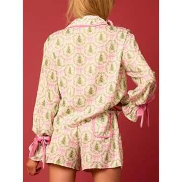 Alyweatry Women Christmas 2 Piece Pajama Set Cute Print Long Sleeve Button Down Shirt Elastic Shorts Holiday Sleepwear (Xmas Tree Print, S)