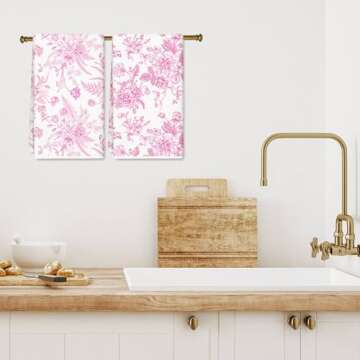 JarThenaAMCS Pink Flower Kitchen Towel Vintage Floral Dish Towel 18 x 28 Inch Hand Drying Tea Towel for Cooking Baking Party Supplies, 2Pcs