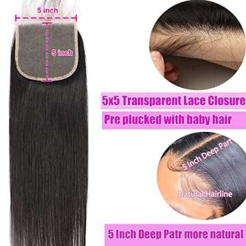 Liangya Hair Hd Closure 5x5 Straight Closure 5x5 Transparent Lace Closure 12A Virgin Remy Human Hair Frontal Closure Pre Plucked With Baby Hair Natural Black Color(14inch)