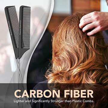 Professional 8.8 Inch Tail Comb - Black Carbon Fiber And Stainless Steel Pintail - Anti Static And Heat Resistant Teasing Lightweight Comb For All Hair Types