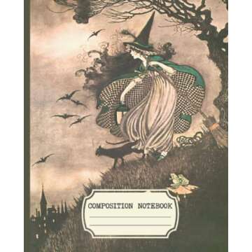 Composition Notebook: Vintage Aesthetic College Ruled With Witch And Black Cat Cover Design