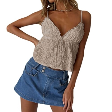 Mxiqqpltky Women Y2K Ruched Camisole Sleeveless Spaghetti Straps V Neck Cami Tops Summer Cute Bow Fl...