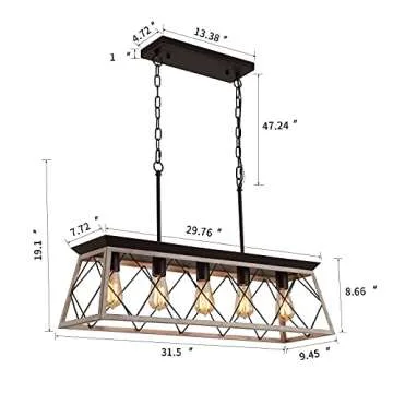 Q&S Dining Room Chandelier Light Fixtures,Farmhouse Rustic Vintage Antique Linear Chandeliers Pendant Ceiling Light Fixture for Kitchen Island Bar Office Coffee Shop 5-Lights Oak and ORB UL Listed