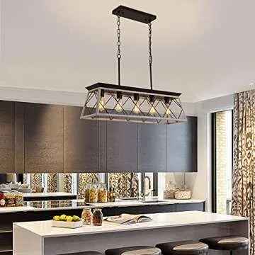 Q&S Dining Room Chandelier Light Fixtures,Farmhouse Rustic Vintage Antique Linear Chandeliers Pendant Ceiling Light Fixture for Kitchen Island Bar Office Coffee Shop 5-Lights Oak and ORB UL Listed