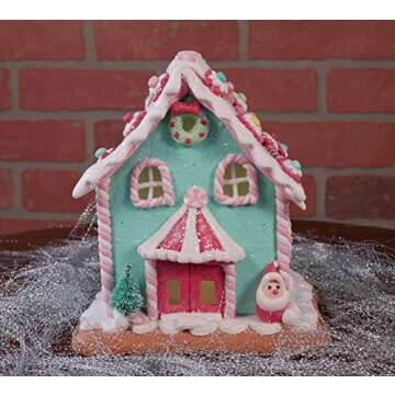 One Holiday Way 7-Inch Lighted Miniature Christmas Santa Claus Pastel Gingerbread House Figurine wit...