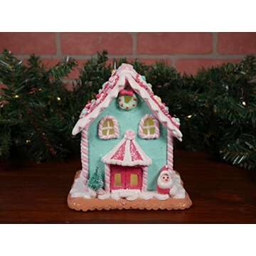 One Holiday Way 7-Inch Lighted Miniature Christmas Santa Claus Pastel Gingerbread House Figurine with Candy Accents – LED Light Up Village Tabletop Desk Decoration – Winter Home Decor