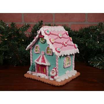 One Holiday Way 7-Inch Lighted Miniature Christmas Santa Claus Pastel Gingerbread House Figurine with Candy Accents – LED Light Up Village Tabletop Desk Decoration – Winter Home Decor