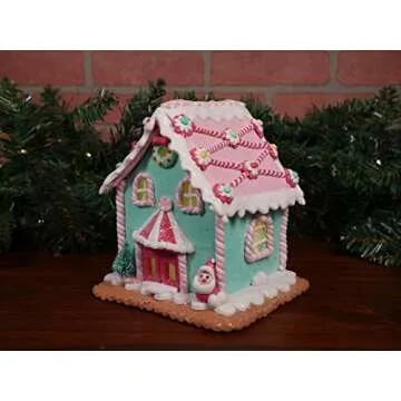 One Holiday Way 7-Inch Lighted Miniature Christmas Santa Claus Pastel Gingerbread House Figurine with Candy Accents – LED Light Up Village Tabletop Desk Decoration – Winter Home Decor