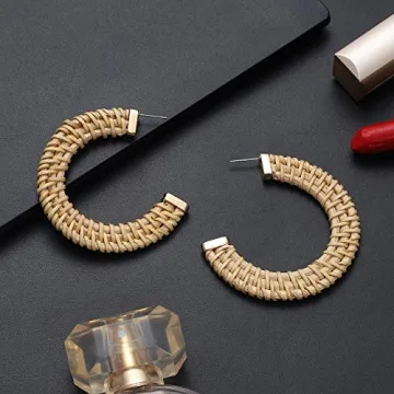 CEALXHENY Handmade Rattan Geometric Dangle Earrings