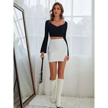 SOLY HUX Skirts for Women Trendy Women's Mini Skirt High Waisted Sexy Bodycon Plaid Pencil Skirt Summer & Fall White L