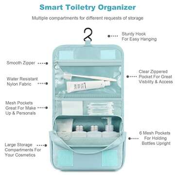 Mossio Hanging Toiletry Bag - Large Cosmetic Makeup Travel Organizer for Men & Women with Sturdy Hook (Sky Blue)