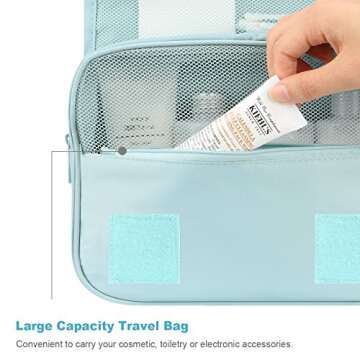 Mossio Hanging Toiletry Bag - Large Cosmetic Makeup Travel Organizer for Men & Women with Sturdy Hook (Sky Blue)