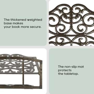 Vintage Cookbook Stand Cast Iron, Decorative Metal Cookbook Recipe Holder for Easel, Textbooks, Magazine, Art, iPad, Kitchen Counter, Bible, Prayer Book Stand, 11.4L * 5.1W * 9.1H, Coffee Gold