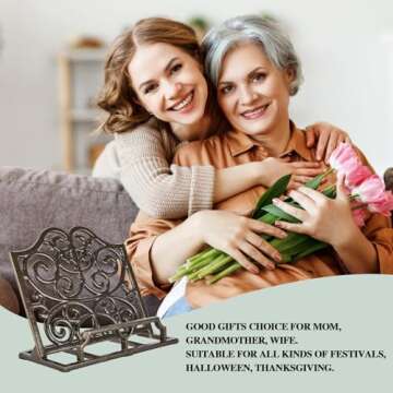 Vintage Cookbook Stand Cast Iron, Decorative Metal Cookbook Recipe Holder for Easel, Textbooks, Magazine, Art, iPad, Kitchen Counter, Bible, Prayer Book Stand, 11.4L * 5.1W * 9.1H, Coffee Gold