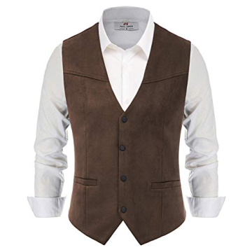 PJ PAUL JONES Men's Suede Leather Vest - Slim Fit V-Neck Western Cowboy Waistcoat