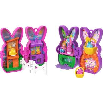 Polly Pocket x Peeps, 6 Micro Dolls & 2 Playsets with 6 Themed Accessories & Clip Keychains, Travel Toy, Partnership Compact