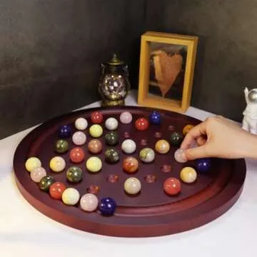 HOROW 15.7 Inches Large Marble Solitaire Board Game Wooden Classic Natural Stone Marbles Solitaire Game Set Containing 36 Colored Natural Stone Marbles Strategy and Smart Games (Red Peach Color)
