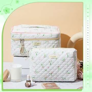 Zeyune 2 Pcs Cotton Quilted Makeup Bag for Women, Large Travel Coquette Cosmetic Bag, Aesthetic Cute Floral Toiletry Skincare Organizer(Pink Bow Style)