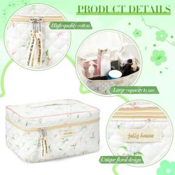 Zeyune 2 Pcs Cotton Quilted Makeup Bag for Women, Large Travel Coquette Cosmetic Bag, Aesthetic Cute Floral Toiletry Skincare Organizer(Pink Bow Style)