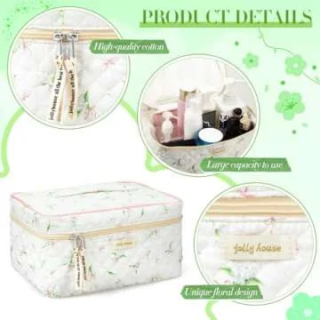 Zeyune 2 Pcs Cotton Quilted Makeup Bag for Women, Large Travel Coquette Cosmetic Bag, Aesthetic Cute Floral Toiletry Skincare Organizer(Pink Bow Style)