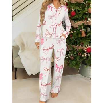 Ecosunny Christmas Santa Pajama Set Women's Long Sleeve Sleepwear Soft Loungewear Two Piece Button Down Pjs Lounge Set A-white