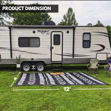 Glamplife Recycled Plastic Rug, 9x12 Rv mat, Black and White Camping Rugs for Outside Your RV, Large Indoor Outdoor Rugs for Awnings, Patio Rug, Outdoor Carpet Waterproof