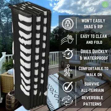 Glamplife Recycled Plastic Rug, 9x12 Rv mat, Black and White Camping Rugs for Outside Your RV, Large Indoor Outdoor Rugs for Awnings, Patio Rug, Outdoor Carpet Waterproof