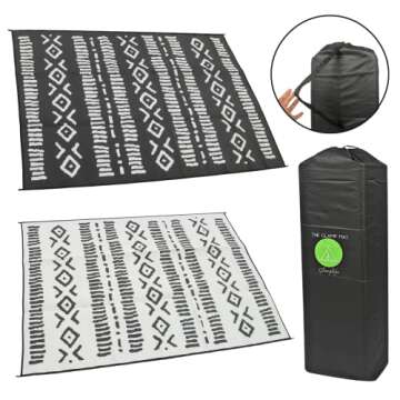 Glamplife Recycled Plastic Rug, 9x12 Rv mat, Black and White Camping Rugs for Outside Your RV, Large Indoor Outdoor Rugs for Awnings, Patio Rug, Outdoor Carpet Waterproof