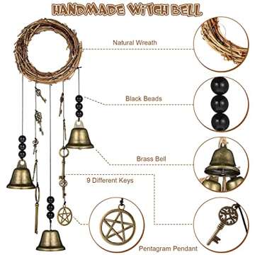 Witch Bells 2 Pieces Door Knob Hanger Witchcraft Decor Wind Chimes Positive Energy Decor Magic Home Protection Bells Handmade Clear Negative Energy Witch Door Knocker for Boho Decor (Classic Style)