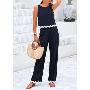 PRETTYGARDEN Women's Summer Casual 2 Piece Outfits Sleeveless Tank Crop Top Wide Leg Pants Sets Tracksuit (Navy,X-Large)