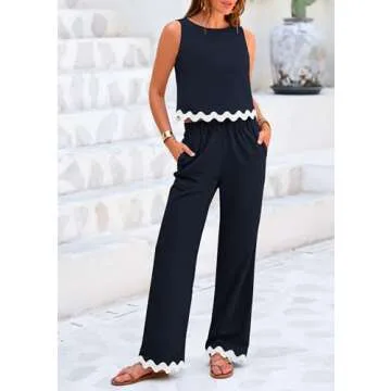 PRETTYGARDEN Women's Summer Casual 2 Piece Outfits Sleeveless Tank Crop Top Wide Leg Pants Sets Tracksuit (Navy,X-Large)